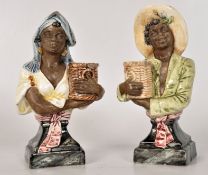 A pair of Majolica `His & Her` busts, marked to base `2061`. 16cm tall.