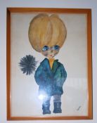 An unusual 1960`s watercolour of a young chimeny sweep child with brush, signed Hilary. Framed and