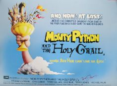 Film Poster. Monty Python And The Holy Grail. A signed film poster by Terry Jones in red pen