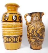 2 decorative 1970's German Fat Lava vases being brown, one with handles to each side, both having