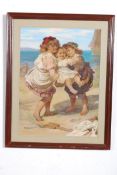 A 19th century Pears Soap colourted lithograph print of children playing on the beach being framed