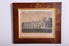A framed coloured engraving print from 1823 of Magdalene college, Oxford. Drawn and engraved by G.