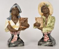 A pair of Majolica 'His & Her' busts, marked to base '2061'. 16cm tall.