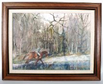 B. Branett, framed picture of galloping horse in forest scene. 44.5cm x 32cm.