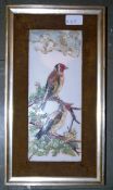 Early 20th century oil on milk glass painting of birds in upholstered frames. 29cm x 13cm.