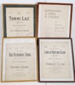 4 early 20th century music notation books, being framed and glazed. Tommy Lad!, The Veterans Song,