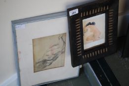 A pencil study of a nude male in frame together with another nude print of a recumbant female in