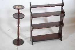 A 1930's oak retro ashtray stand together with a stained pine hanging bookcase of decorative form.