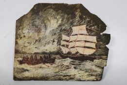 Oil on slate painting depicting the rescue of passengers from the ship in distress 'Ardenraig'