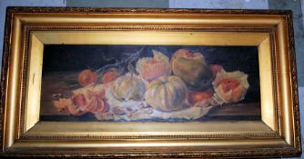 An early 20th century English still life fruit bowl oil on board painting being unsigned in gilt