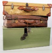 A good early 20th century leather vintage suitcase together with a 2nd world war de-mob suitcase and