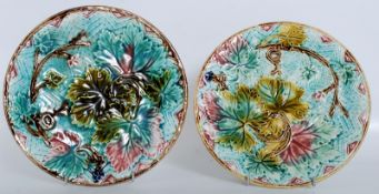 A pair of Victorian Majolica plates with pointed leaf pattern, marked to base.