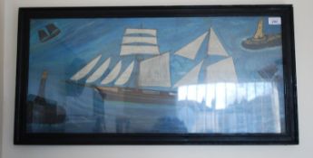 A decorative folk art oil on board painting of a sailing boat after Alfred Wallis in a good ebonised