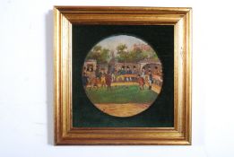 Oil painting on leather being framed depicting a bowling green after Thomas Creswick signed WL