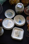 Wedgwood ashtrays and pin dishes along with a Palissey (Robin) lidded pot.
