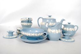 13 pieces of Wedgwood Etruria Barlaston blue and white ware, including teapot, jug, cups and saucers