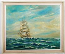 Oil on canvas titled 'Invercargill' an immigration clipper in the North Sea. 59cm x 48cm.