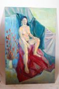 A large unframed oil on board of a seated nude recumbant female. Unsigned