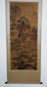 A Chinese large paper scroll after Zhou Cheng having decorative design with hardwood scroll