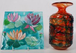 A Mdina studio glass vase together with a Mdina glass tile signed to base