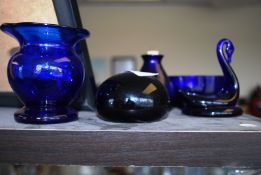 A collection of blue glass items to include 2 signed pieces of Bristol blue glass (5 in total).