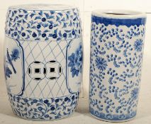A Chinese large blue and white barrel stool together with a Chinese china umbrella stand with