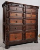 18th century Jacobean carved oak chest of drawers. The squat bun oversize feet supporting a chest of