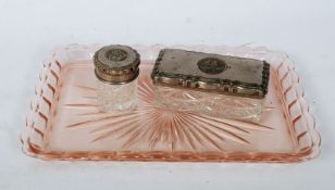 Two trinket pots with silver plated tops depicting owls along with a glass tray.