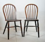 2 Victorian beech and elm windsor kitchen dining chairs. Turned legs united by stretchers. Saddle