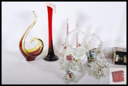 4 End Of Day coloured glass flower baskets together with 3 studio glass wares, and Murano cut glass.