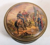 A Victorian Staffordshire pot lid having decorative continental military scene atop on later solid