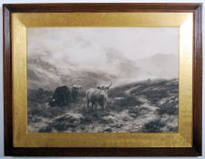 19th century large Victorian Scottish Highlands lithograph print having cattle and scenery, Signed