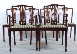A set of 6 Georgian style hepplewhite mahogany dining chairs. Square tapered legs with spade feet,