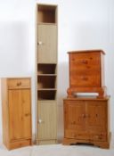A pine bedside cabinet together with an antique style pine side cabinet and a contemporary tall