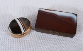 2 Victorian 19th century brass and agate set pill / snuff boxes. One oval with black and white