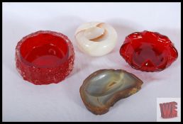 4 glass ware ashtrays to include one with bark effect (possibly Whitefriars), 1 Onyx and 2 others