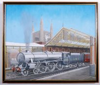 An oil on canvas of the LMS Bradford Express signed DLT 04 to bottom right, with addition notation