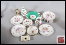 A Coalport twin handled dish, four hand painted tea plates and other items to include some Dresden.