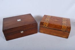 A Victorian tunbridgeware inlaid mahogany work box together with a rosewood with mother of pearl