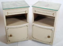 A pair of 1940's louis 16th style painted shabby chic bedside cabinets having locker doors with open