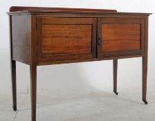 Edwardian mahogany inlaid washstand cabinet. Square tapered legs with brass ceramic castors