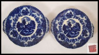 2 19th Century Victorian blue and white sandwich plates in the 'Surrey' pattern, possibly Brown &