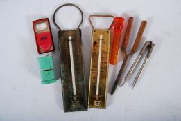 Two vintage sugar thermometers along with other bits