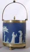 A good quality Wedgwood blue jasperware biscuit barrel on a silver plate base with ball feet.