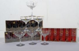 A set of 6 vintage Babycham glasses along with 2 sets of retro Laminarc French sherry glasses.