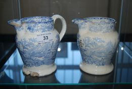 2 Crown Pottery, St.George, Bristol Victorian blue and white jugs. Both having willow pattern