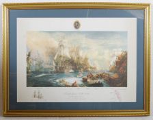 A large framed and glazed print depicting the Battle of Trafalgar by W L Wyllie