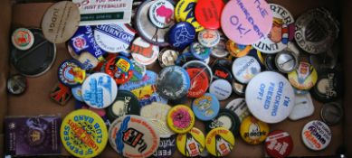 A collection of retro badges mainly 1980's to include 'Save Tobacco, Smoke Coupons', 'Buy British'