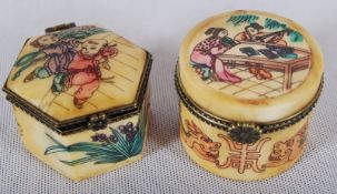 Two Chinese 1960's snuff / powder boxes, once circular, one hexangonal having hinged lids. Both with