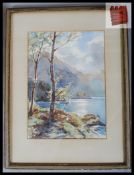 J.J. Maxton (1950) Watercolour of lake district scene having lake with forest and mountains to